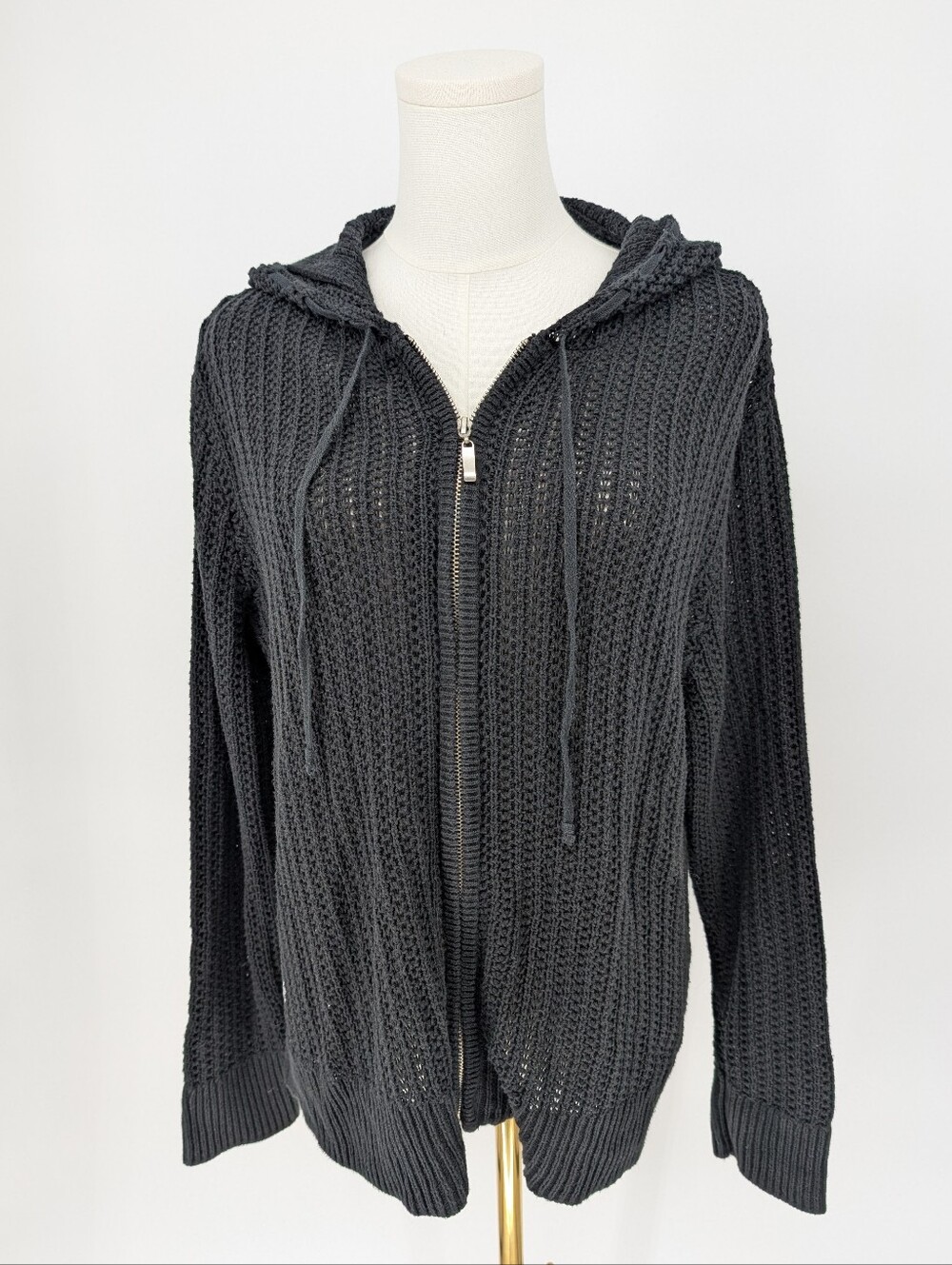 Chico's Hooded Full-Zip Open-Knit Cardigan Sweater | Size 3 / XL | Black